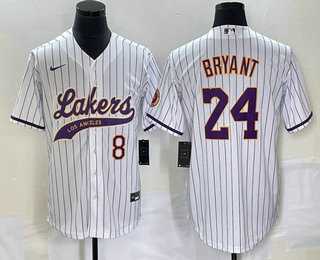 Men's Los Angeles Lakers #8 #24 Kobe Bryant White Pinstripe With Patch Cool Base Stitched Baseball Jersey
